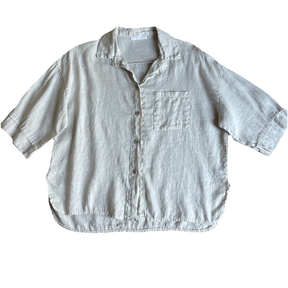 Milio Milano Medium Linen Boxy Top Beige Button Front Oversized Pocket